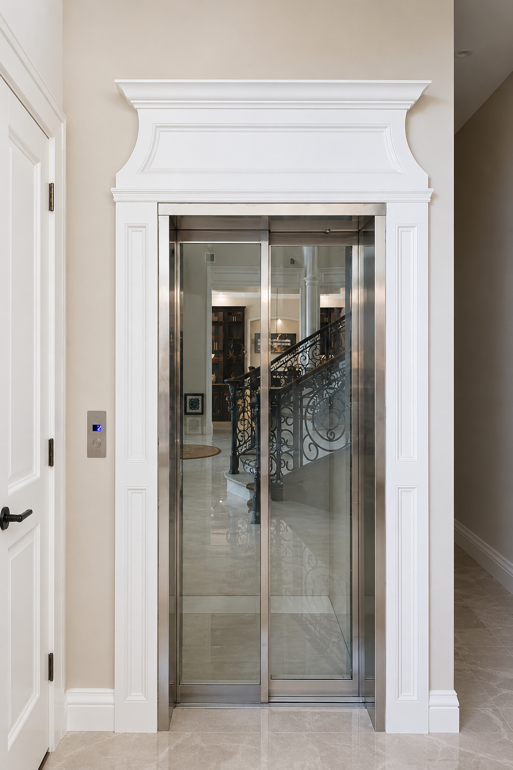 Custom home elevator entry with paneled door and polished interior details