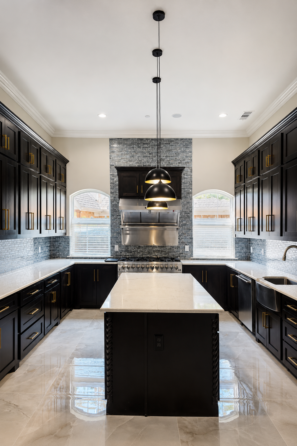 Custom kitchen detail with light surfaces and pendant lighting