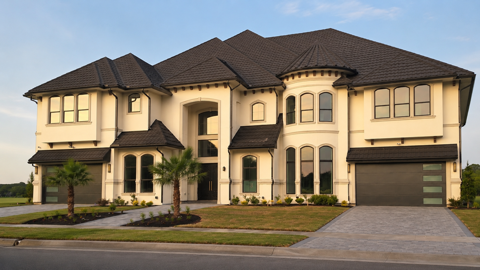 Grand Mediterranean custom estate exterior with arched windows and dual garages