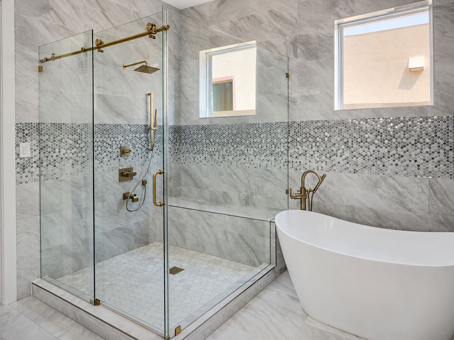 Grand Mediterranean custom home bathroom with tub, shower, and warm cabinetry