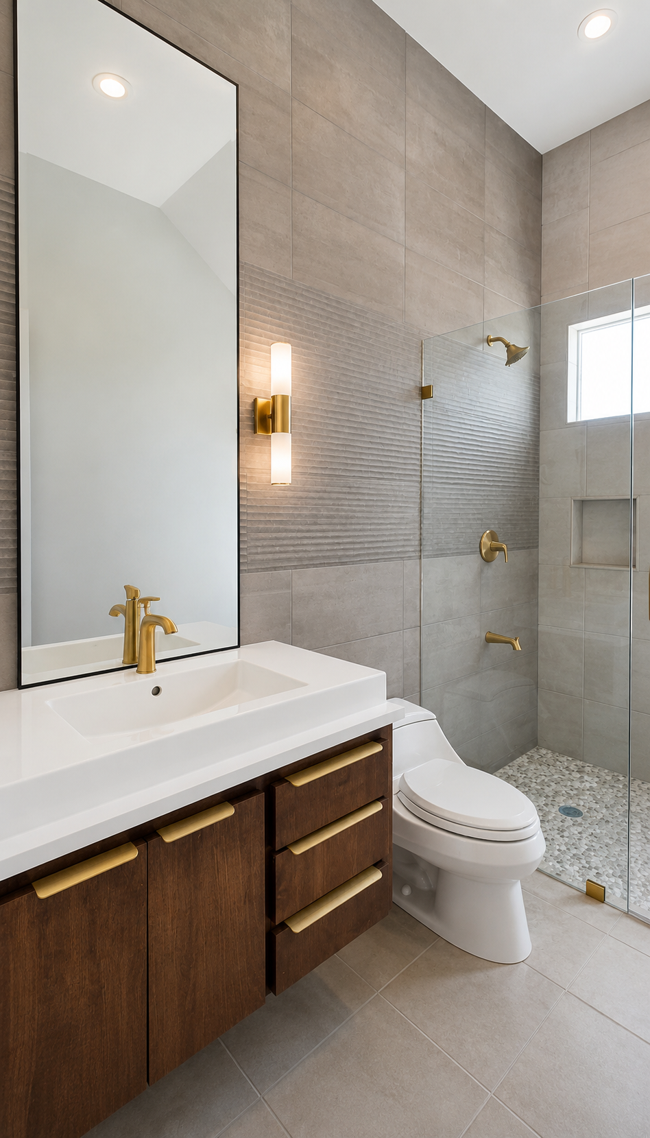 Custom bathroom shower with dark fixtures and tile surround