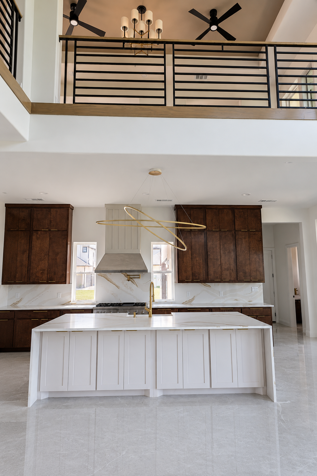 Modern transitional custom home kitchen island with pendant lighting