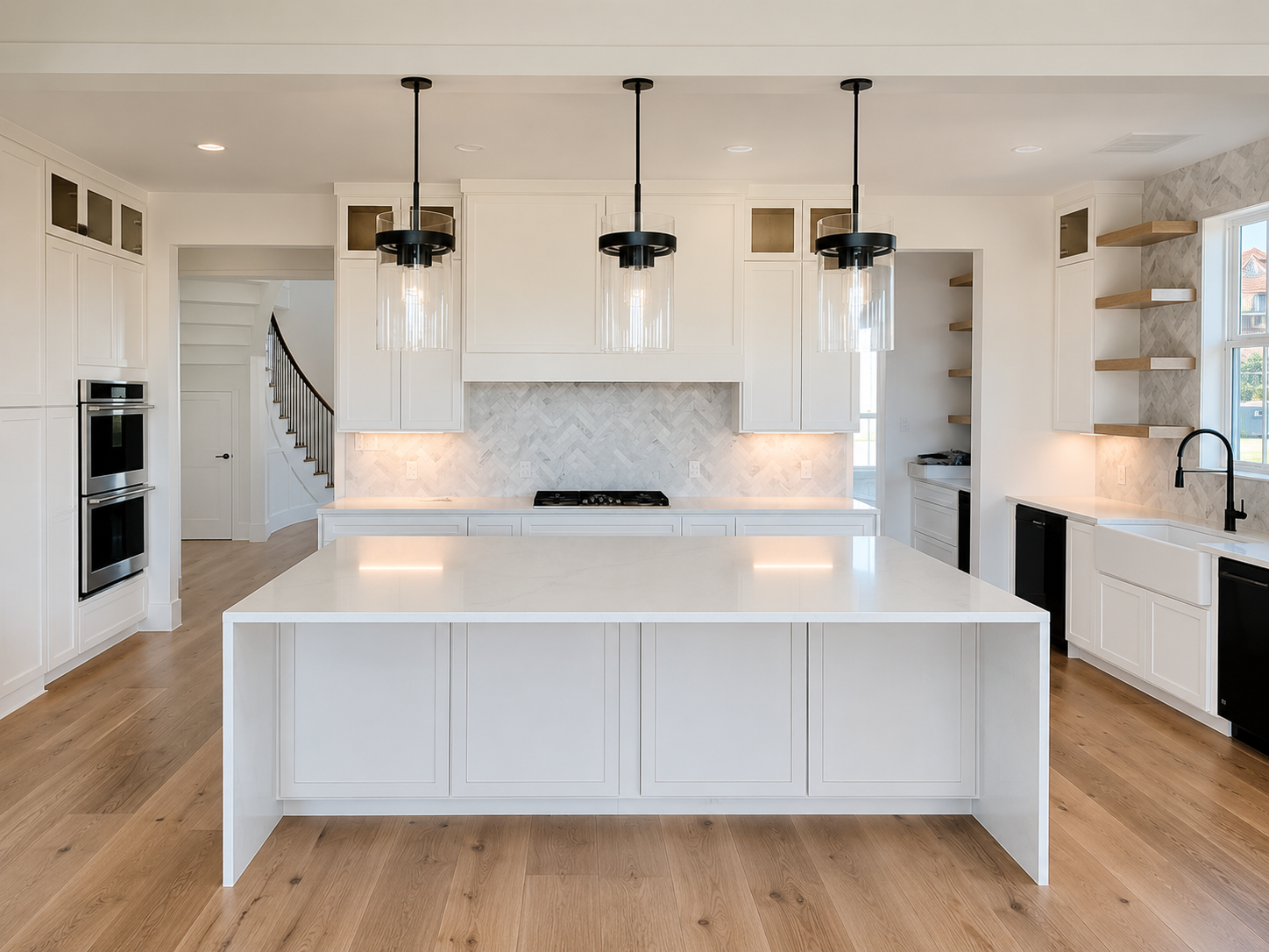 Custom kitchen island inside a contemporary Mediterranean home