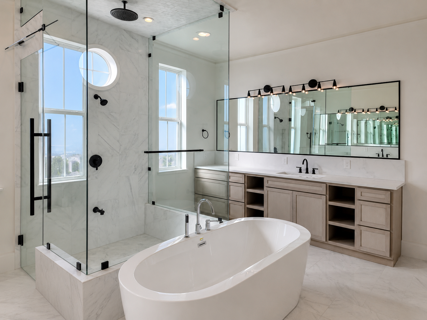 Contemporary Mediterranean bathroom with tub, shower, and dark vanity