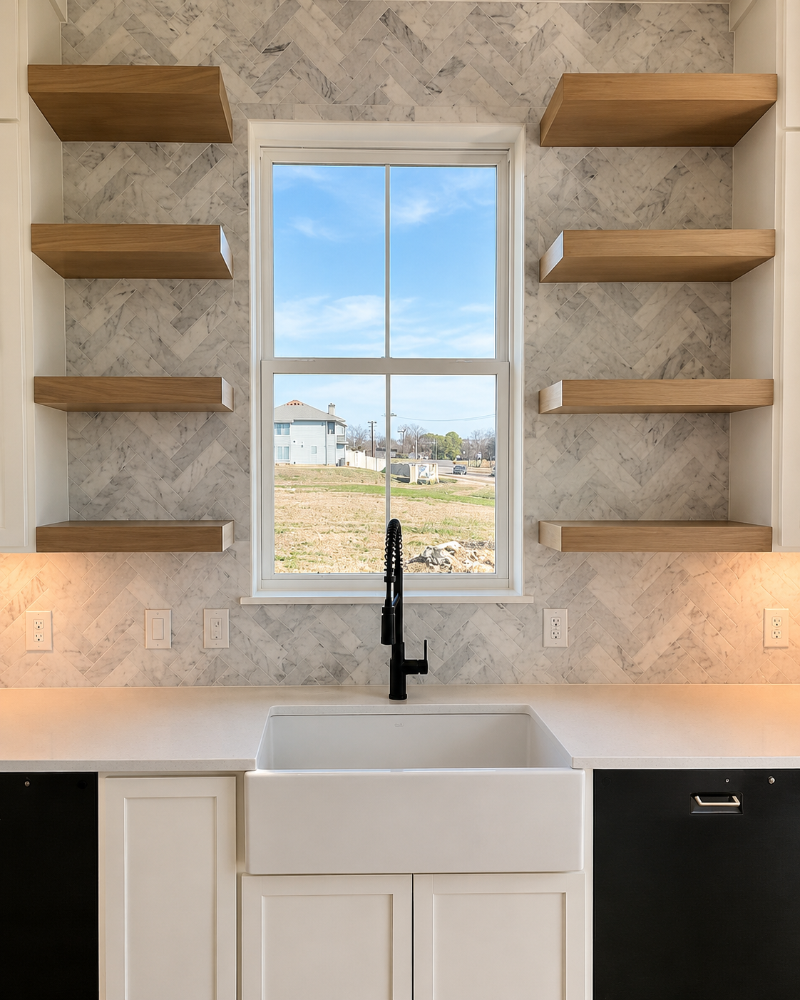 Custom kitchen sink area with bright counter and window light