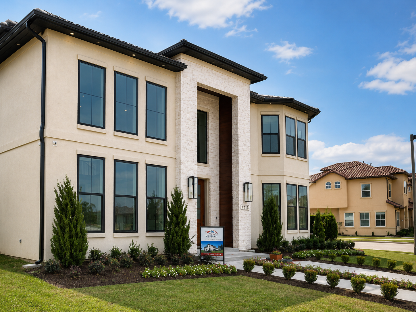 Contemporary Mediterranean home exterior with full-height stone entry surround