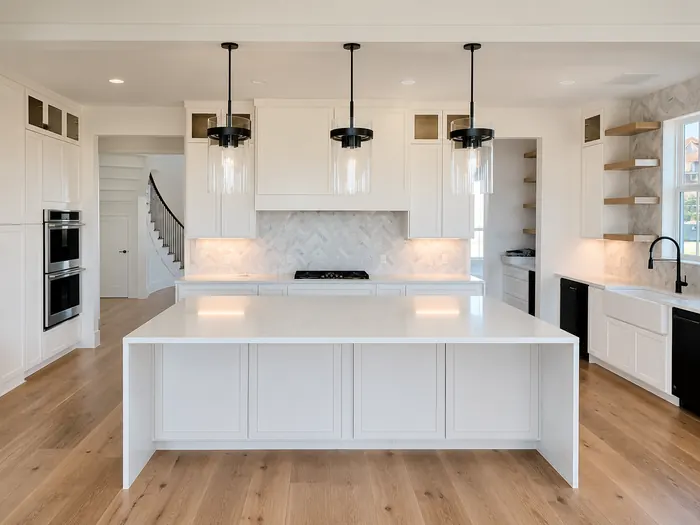Custom kitchen island inside a contemporary Mediterranean home